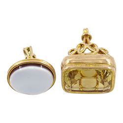 Early 20th century gold agate fob and one other rose gold citrine fob, Birmingham 1912, both 9ct
