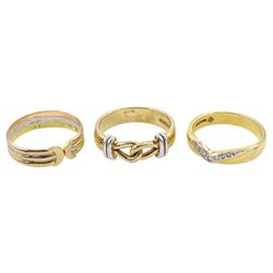 18ct gold diamond chip wish bone ring, 9ct white and yellow gold knot ring, both hallmarked and one other tri-colour ring stamped 14K 585 