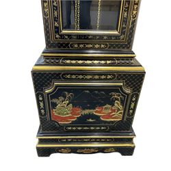 20th-century - Chinoiserie 8-day chiming longcase clock, with a profusely decorated case, pergoda pediment and fully glazed trunk door, visible brass cased weights and pendulum, brass break arch dial with a chapter ring and chime selector to the break arch, weight driven three train chiming movement chiming the quarters and hours on 12 going rods, with silent/ chime facility. With weights and pendulum.