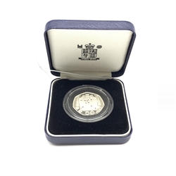 United Kingdom 1992 - 1993 silver proof dual dated fifty pence coin, cased with certificate
