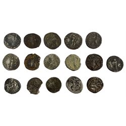 Sixteen silver Roman Denarius coins to include three Vespasian, four Hadrian, Marcus Aurelius, Trajan, Lucius Verus, Antonius Pius and three Republican Denarii one being Mark Antony, some with York Museum correspondence numbers (16)