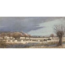 Northern British School (20th century): Sheep Grazing in a Snowy Winter Landscape, pastel indistinctly signed 33cm x 67cm