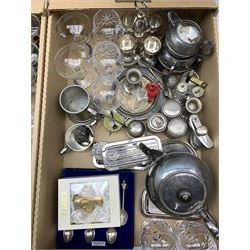1930s silver tea strainer (32 grams approx), five vintage slice cut champagne bowls, other cut glassware, silver-plated tea set, cruets, glass bottle, rolls razer sets etc in two boxes