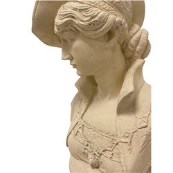 Reconstituted stone bust of a medieval lady, raised on a floral cast pedestal H96cm