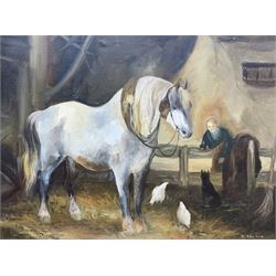 R Dalton (English Naïve School 20th century): Horse in Stable Scene, oil on canvas signed 51cm x 69cm
