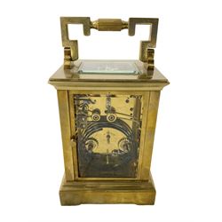 French - late 19th century carriage clock with alarm and gong strike, in an Anglaise case with four bevelled glass panels and square viewing panel to the top, with an enamel dial, Roman numerals, five-minute Arabic's, minute markers, steel spade hands and subsidiary alarm dial, with a silvered platform and original cylinder escapement.