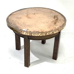 Mid 20th century circular copper top and mahogany table, metal label underneath 'Christopher Pratt and Sons Ltd, Bradford', D60cm, H45cm