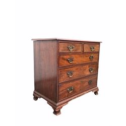 Georgian mahogany chest, fitted with two short and three long graduated cock beaded drawers, raised on ogee bracket supports W84cm