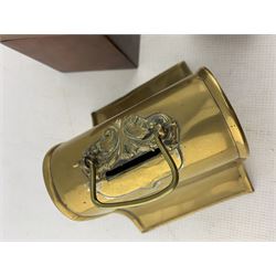 Victorian brass money box of bell form with swing brass handle and applied foliate plaque W15cm, 19th century brass chamber stick, together with a Georgian mahogany single tea caddy and miniature brass teapot (4)