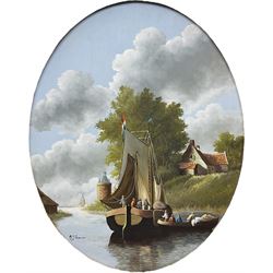 Pieter Jan Arends (Dutch 20th century): 'The Barge', oval oil on board signed, titled verso 48cm x 38cm