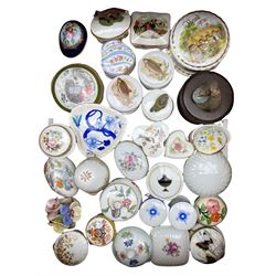 Various porcelain trinket boxes including Hammersley, Aynsley, Limoges, other boxes and a glass paperweight in one box