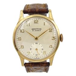 Griffon 9ct gold gentleman's 21 jewels manual wind presentation wristwatch, Birmingham 1961, on brown leather strap