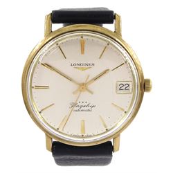 Longines Flagship gentleman's 9ct gold automatic wristwatch, Ref. 3418, Cal. 345 silvered dial with date aperture, London import mark 1965, on black leather strap