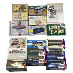 Fifteen Corgi diecast coaches and buses including a limited edition AEC Regal - West Riding, four Buses in Britain 1:50 scale models, 'A Route through Time', Barton 1908-1989 and others, all boxed (15)