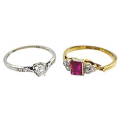 Early 20th century platinum single stone old cut diamond ring, with diamond set shoulders, diamond approx 0.20 carat and an 18ct gold synthetic pink stone and diamond ring, stamped 18ct Plat