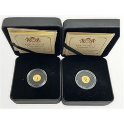 Two Queen Elizabeth II Canadian twenty-five cents fine gold coins, each coin weighing 0.5 grams, both cased with certificates