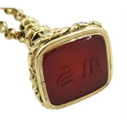 Late 19th/early 20th century 15ct gold carnelian seal fob, engraved with initials 'MS', on a later 9ct gold belcher link chain, London 1973, in tooled leather, silk lined box