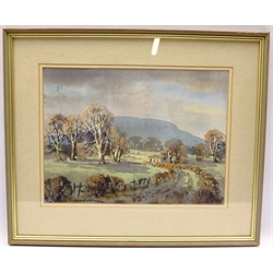 E Charles Simpson (British 1915-2007): 'Dead Elms with Penhill, near Wensley', watercolour signed, titled and dated 1984 on artist's address label verso 27cm x 36cm