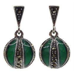 Pair of silver green plique-a-jour and marcasite pendant stud earrings, stamped 925