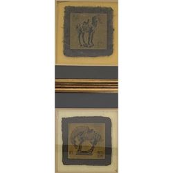 Yu Yuen Hong (Chinese 20th century): Tang Horse Standing and Tang Horse Bucking, pair limited edition grass fibre etchings 10/2000 and 40/2000 respectively together with pair framed Thai Shadow Puppets max 40cm x 30cm (4)