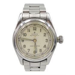 Rolex Oyster Royal gentleman's stainless steel manual wind wristwatch, Ref. 6144, serial No. 941933, the back case engraved 'R W Harper Kexby York', cream dial with Arabic numerals on original stainless steel bracelet