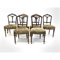 Set six late Victorian walnut and ebonised dining chairs, shaped cresting rail with burr walnut and boxwood marquetry inlaid panel, upholstered shaped seat, raised on turned tapered and fluted supports, each chair stamped 'R Crosby and sons, Liverpool' 