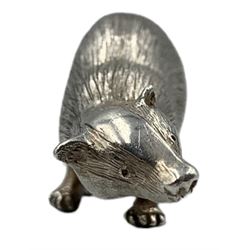 Three novelty silver animals modelled as a badger and two foxes by Sarah Jones, the badger dated 1990, leaping fox 1996 L7.5cm and 1994 (3)