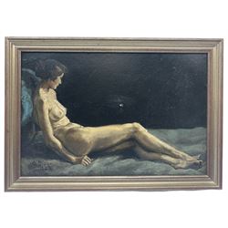 English School (Early 20th century): Female Nude, oil on board indistinctly signed and dated 1922, 30cm x 44cm