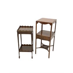 19th century mahogany wash stand, fitted with one drawer, raised on square supports, united by under-tier, together with Edwardian lamp table, the tray top, raised on square tapering supports, united by under-tier terminating in peg feet 