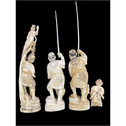 19th century Japanese carved ivory okimono of a fisherman holding a net with a figure on his shoulder, signed H23cm, two others of fishermen holding rods, one signed and a carved bone netsuke of a fisherman L8cm (4)