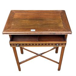 Edwardian mahogany card table with fold over top, single frieze drawer on square supports W61cm