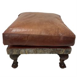 Square footstool, upholstered in part paisley patterned fabric part tan leather with leather piping, hardwood framed, on ball and claw carved feet