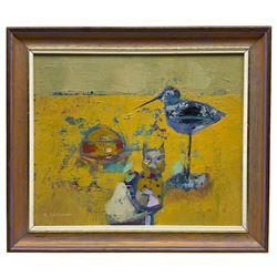 Giuliana Lazzerini (Italian/Yorkshire 1951-): 'Still Life with Black Bird', oil on board signed, titled and dated '94 verso 24cm x 30cm
