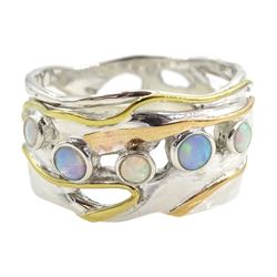 Siler and 14ct gold wire multi opal set ring, stamped 925