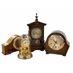 Mid 20th century Hermle Westminster chime mantel clock, shaped case, manual wind, eight day rod chiming movement, together with a Enfield Westminster chiming mantle clock, an oak cased mantle clock and a Kundo Quartz Anniversary style clock under glass dome 