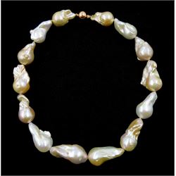 Single strand large white, pink and peach baroque pearl necklace, with 9ct rose gold clasp stamped 375