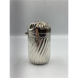 Victorian silver cylindrical scent flask of spiral design,  domed hinged cover and interior glass stopper H6cm Birmingham 1889 Maker Deakin & Francis Ltd