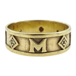 9ct gold 'M' band set with four diamond chips, hallmarked