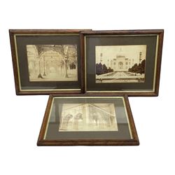 Three framed 1920's black and white photographs of views of the Taj Mahal 
