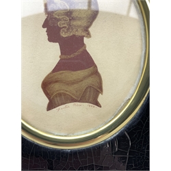 Edward Foster (1762-1864) Silhouette portrait of a gentleman, profile facing right  in Indian red and bronze and another of a lady, profile facing left, both signed 'Foster' and dated 1834 in ebonised frames, image size 9.5cm x 8cm