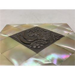 Victorian mother of pearl visiting card case with divided interior, inset with a lozenge shape bronzed panel of Zeus and Aegina 11cm x 8cm
