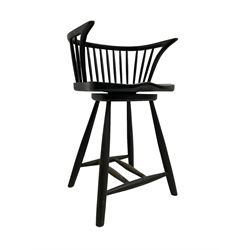Painted elm bar stool, stick back over swivel saddle seat, in black finish