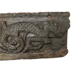 19th century and earlier carved wood panel, decorated with three central Komodo dragons