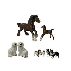 Beswick models to include a brown cantering shire horse no. 975, black-faced lamb no. 1828, brown foal, two Border Collies, Cocker Spaniel and two Staffordshire style dogs (8)