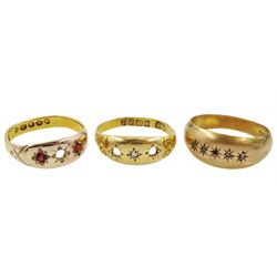 9ct gold gypsy set  five stone diamond chip ring, Chester 1908, 18ct gold stone set ring and a 22ct band with 9ct gold stone setting