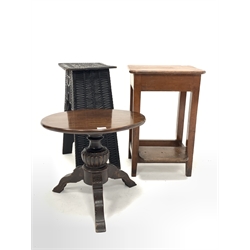 Early 20th century stained pine work stool, painted with monogram 'G.W.B' (W44cm) together with a carved and ebonised occasional table, (W31cm) and a small Victorian mahogany tripod occasional table, (W51cm)  