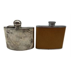Silver spirit hip flask with hinged bayonet cover, engraved with presentation inscription London 1902 Maker Sampson Mordan & Co 4oz and a chromium plated flask