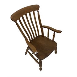 Oak and elm farmhouse chair, the slat back over elm seat, raised on turned supports 