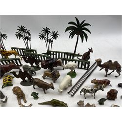 Collection of lead zoo and wild animals marked for Britains, Johillco etc, Britains palm trees, metal enclosure, zoo keeper etc