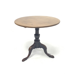 Early 19th century mahogany tripod table, circular tilt top on turned column, three out splayed supports, D78cm, H72cm